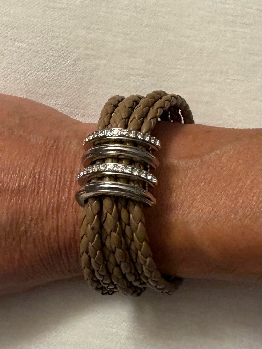 WHBM Braided Taupe Leather Bracelet with Crystal Accents and magnetic closure
